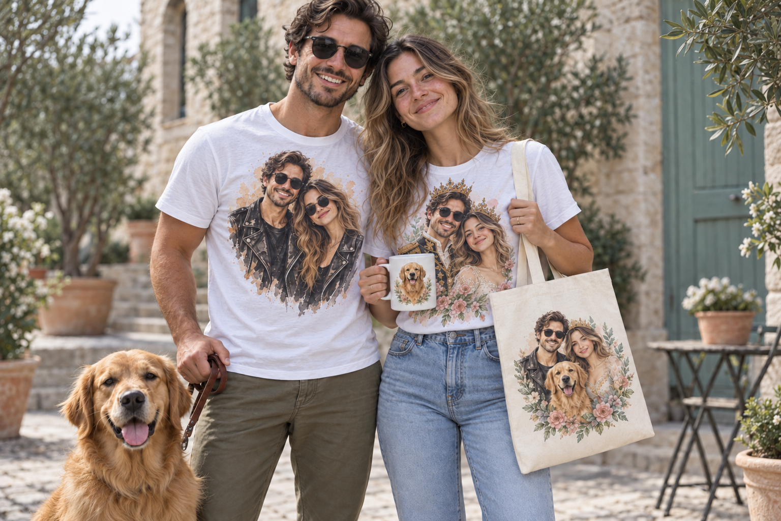 זוג עם איור זוגי קשוח ואיור זוגי מלכותי על חולצות, ספל ותיק מעוצבים