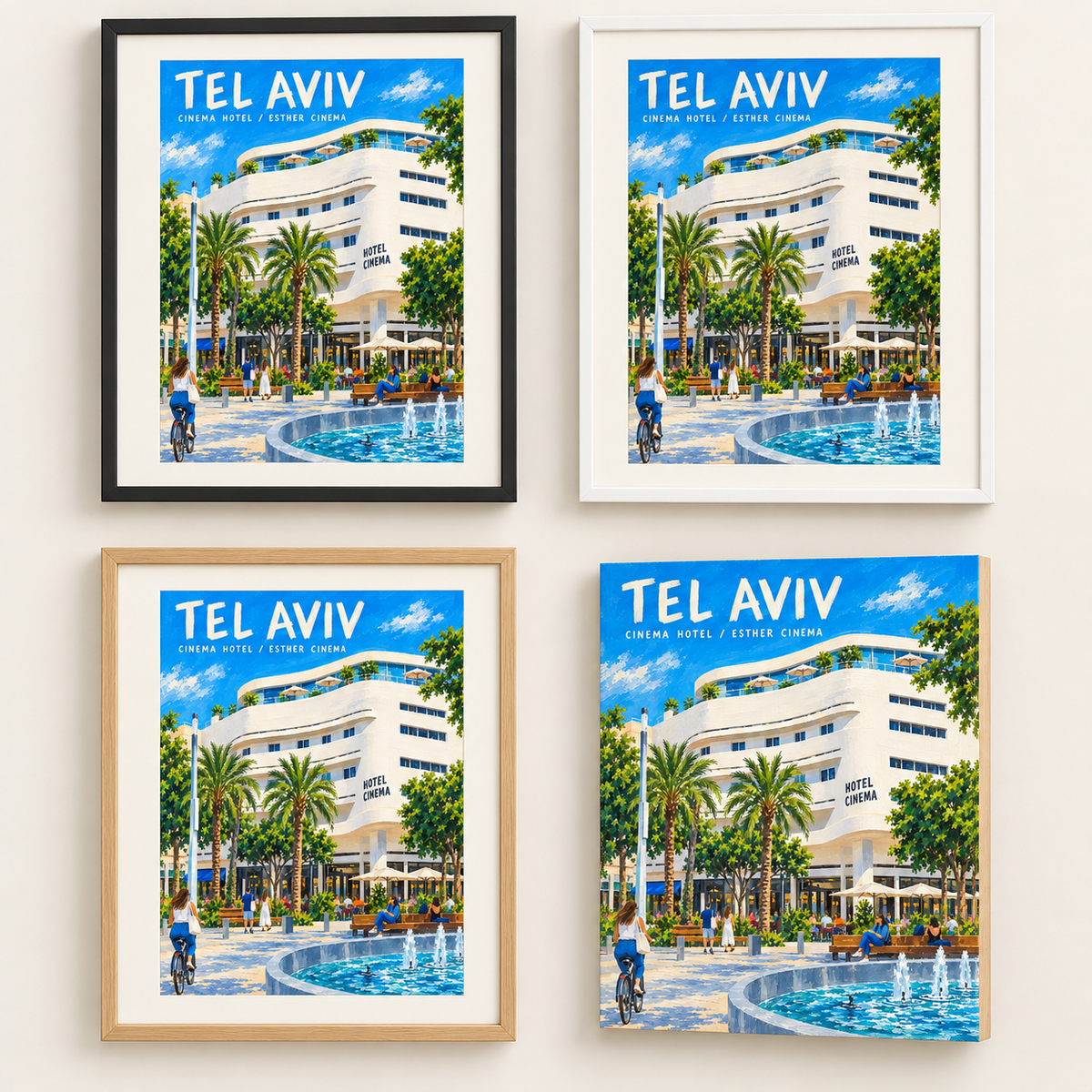 המחשה: מסגרת שחורה, לבנה, בגוון עץ והדפסה על עץ — מלון סינמה בתל אביב — פוסטר מאויר