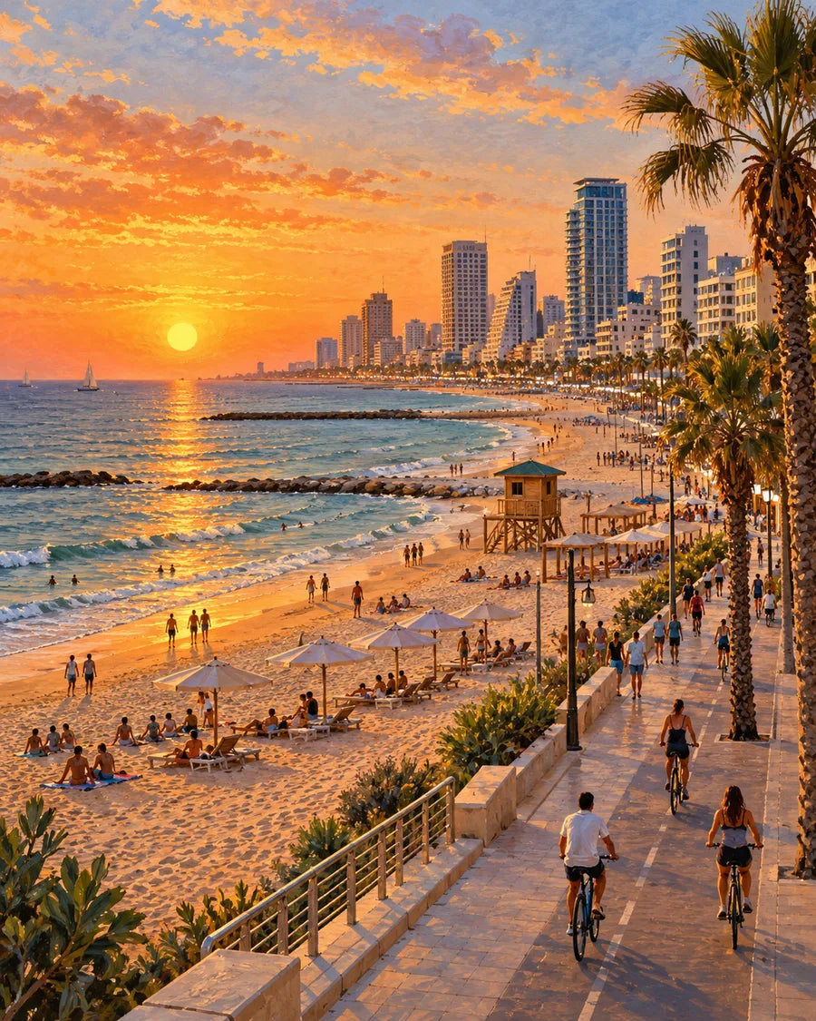 שקיעה בחוף תל אביב — האיור המלא
