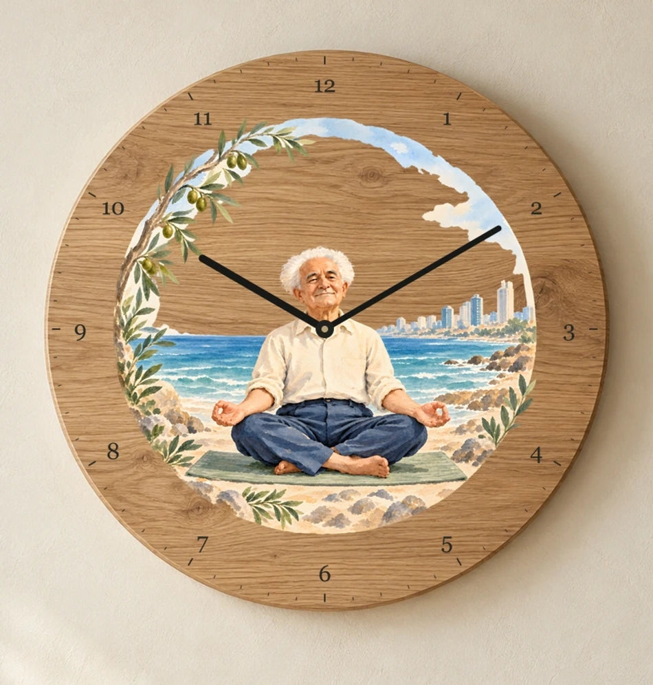 שעון עץ — נשימה מול הים — detail — oak-clock-room-v1