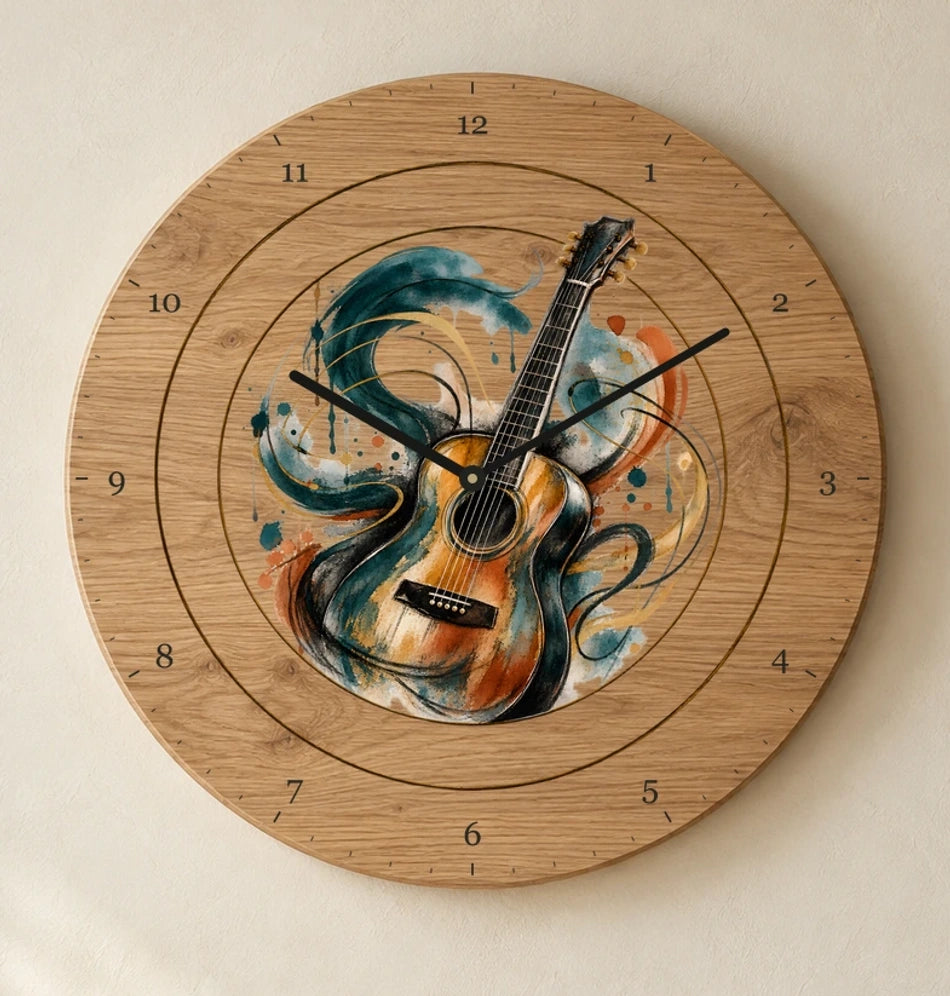 שעון עץ — גיטרה — detail — oak-clock-room-v1