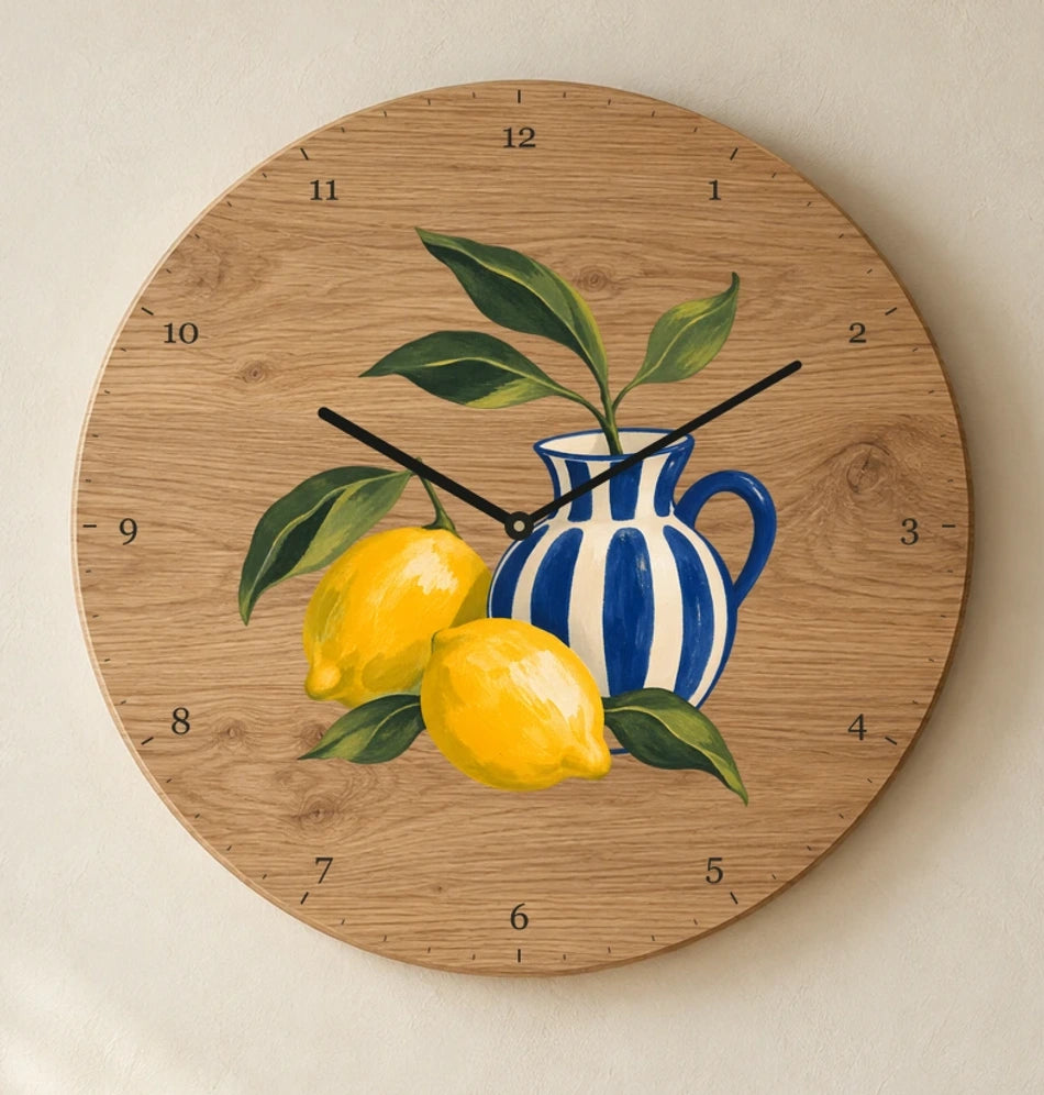 שעון עץ — לימונים ברטרו — detail — oak-clock-room-v1