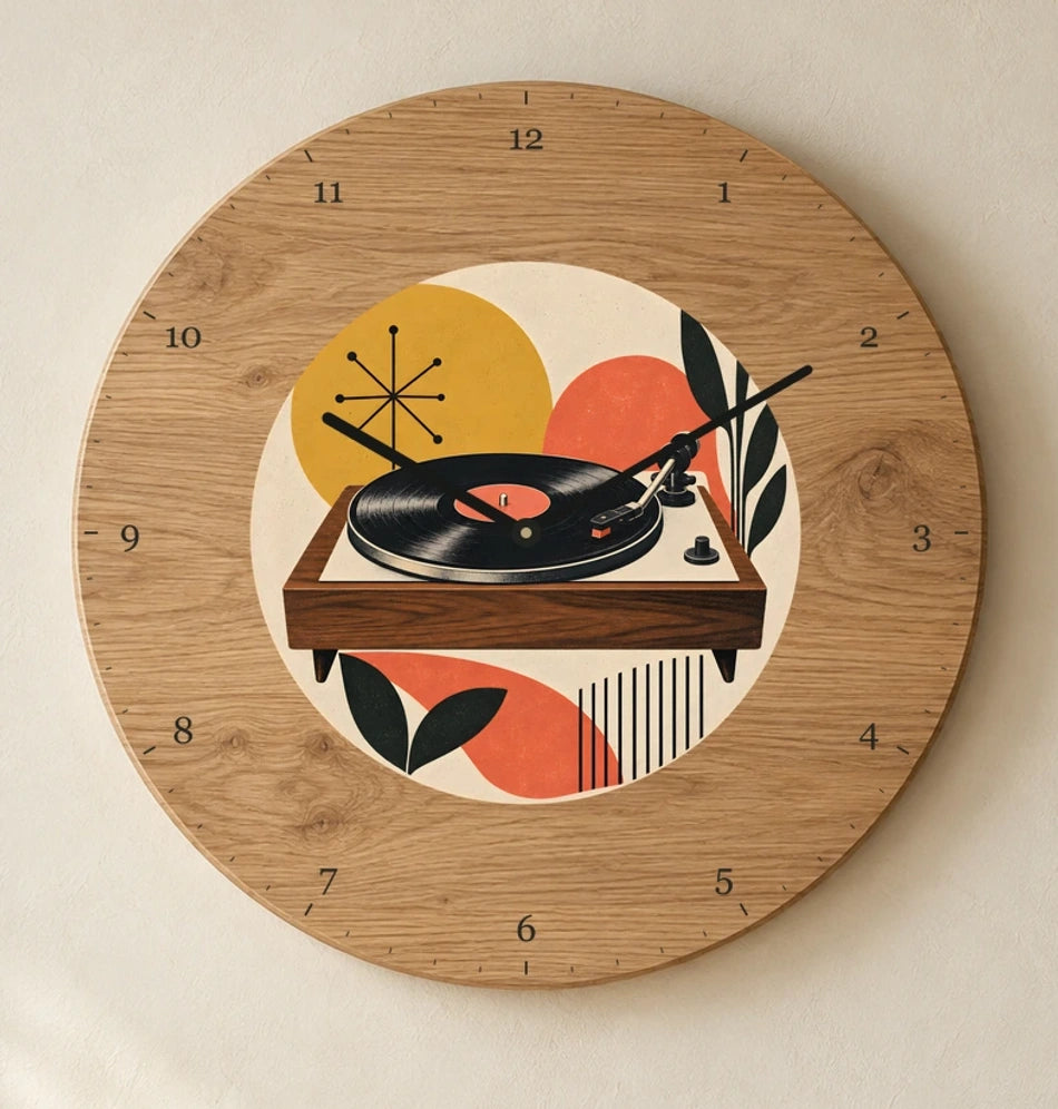 שעון עץ — תקליט ופטיפון — detail — oak-clock-room-v1