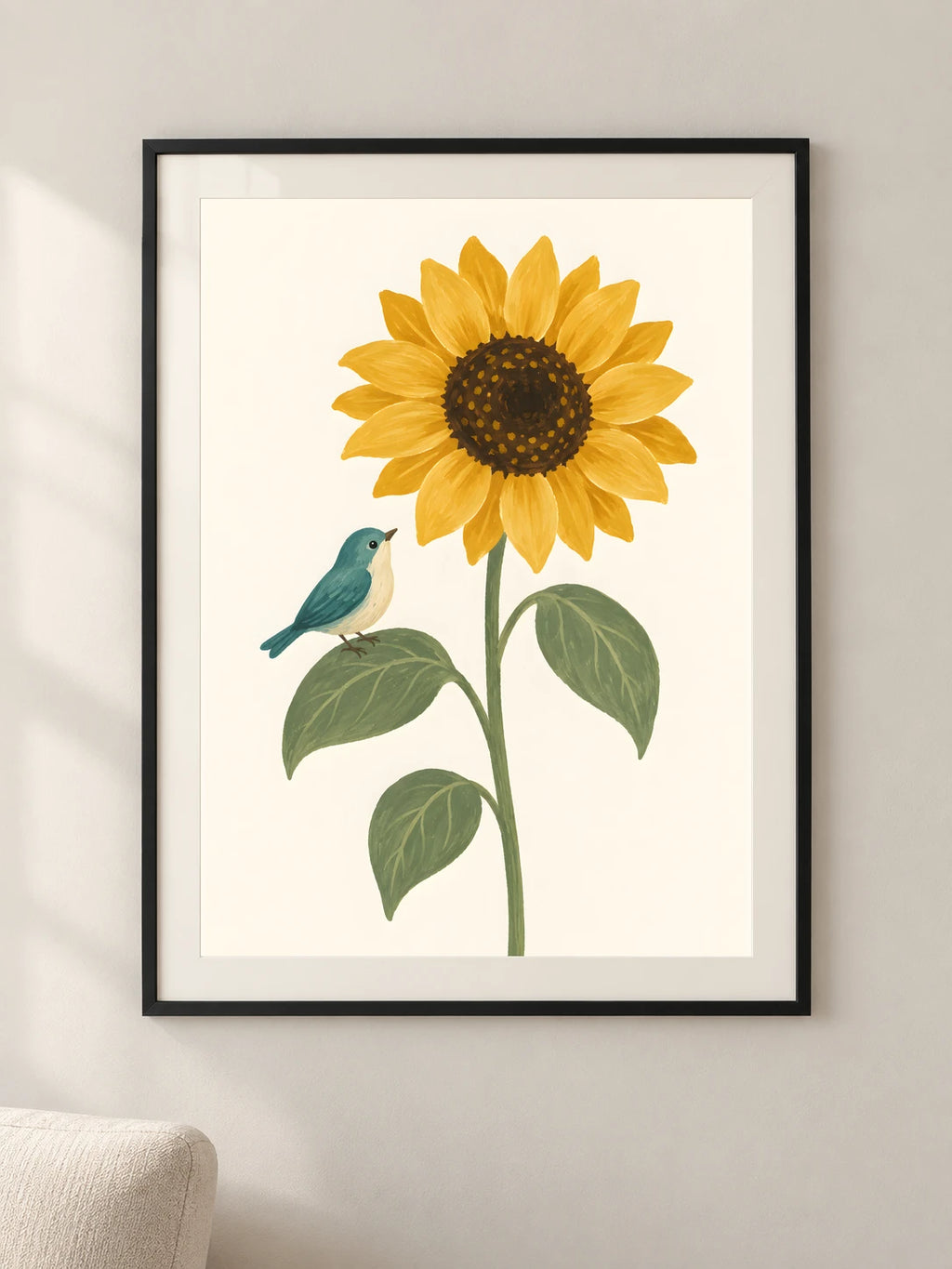 ציפור וחמנייה — framed — minimal-room-v3